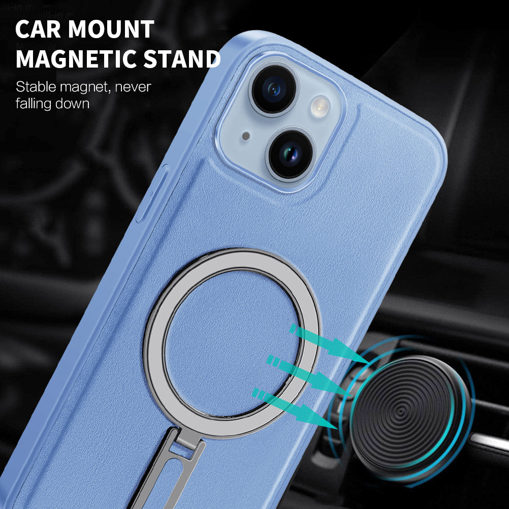 Uniqkart for iPhone 14 Kickstand Anti-Scratch Phone Case Cover PU Leather Coated PC+TPU Magnetic Cover - Baby Blue Uniqkart for iPhone 14 Kickstand Anti-Scratch Phone Case Cover PU Leather Coated PC+TPU Magnetic Cover - Baby Blue